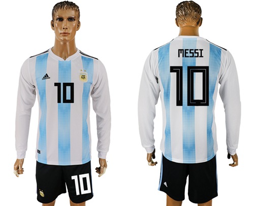 Argentina #10 Messi Home Long Sleeves Soccer Country Jersey - Click Image to Close